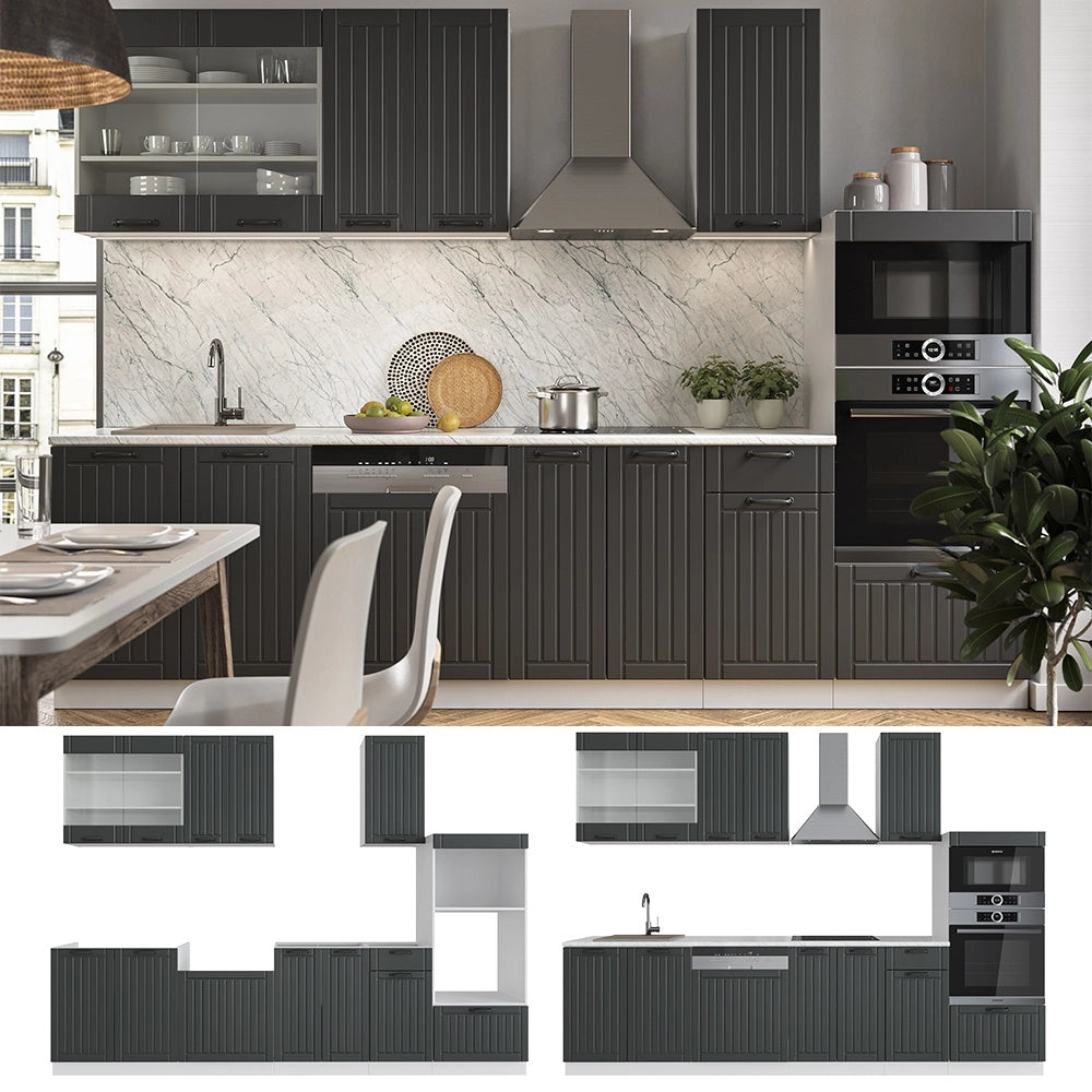 Cucina componibile Fame-Line Antracite rustico/Bianco 300 cm con armadio alto, PL Marmo Vicco
