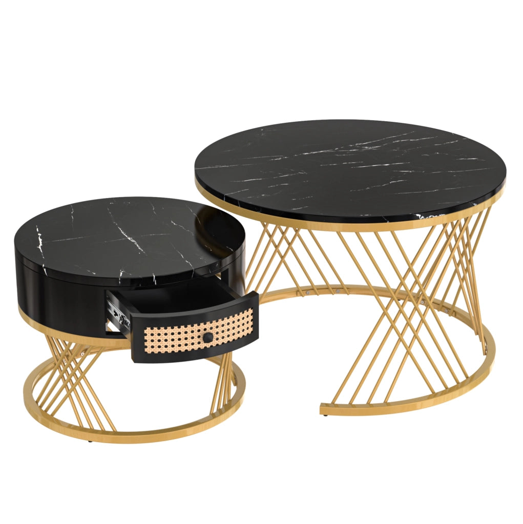 Tavolino da salotto rotondo 2 in 1 con effetto marmo; MDF nero e dettagli oro; 70/50 cm