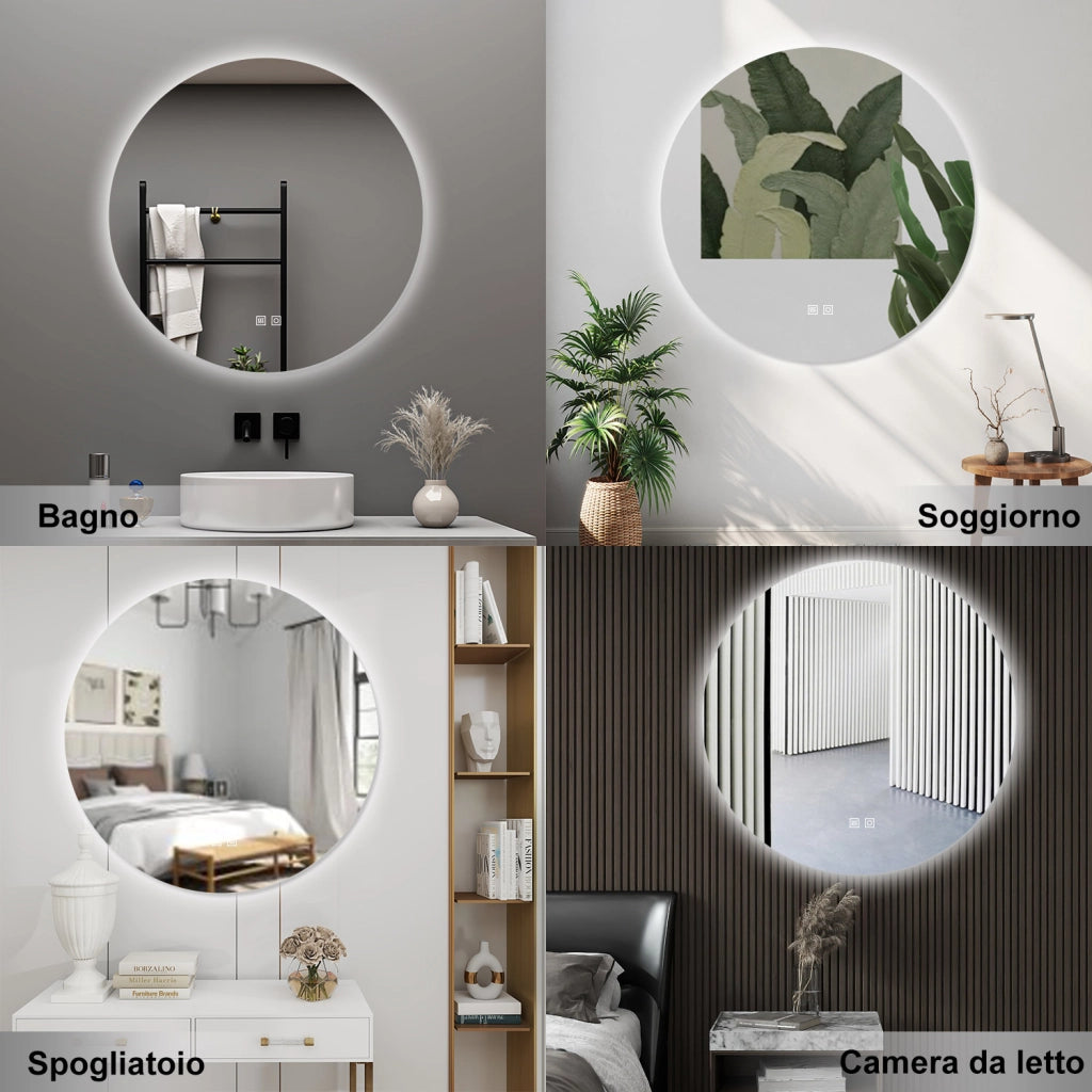 AICA Specchio da bagno 70 x 70 cm, 3 colori, antiappannamento, dimmerabile, interruttore touch, Funzione Memoria
