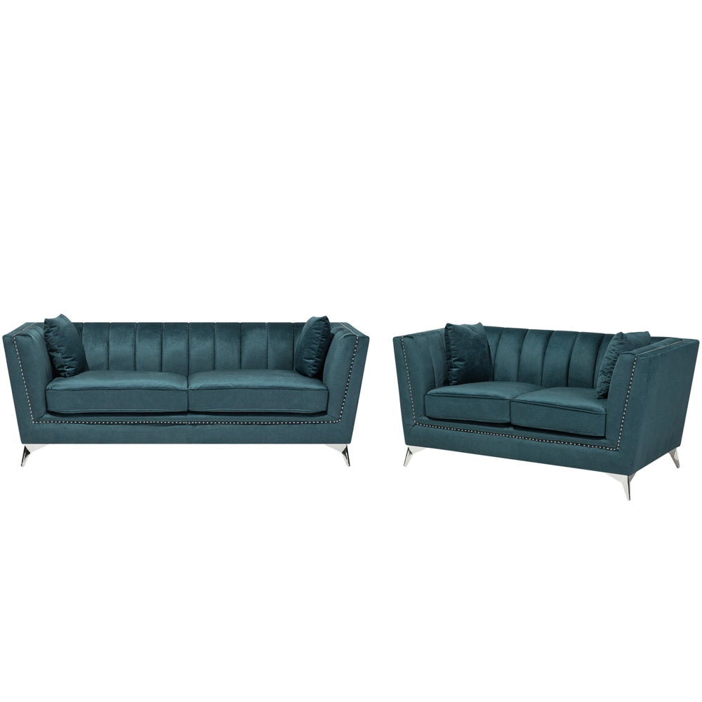 Set di divani a 2 + 3 posti con trapuntatura del pannello di rivestimento della testa del chiodo blu verde acqua