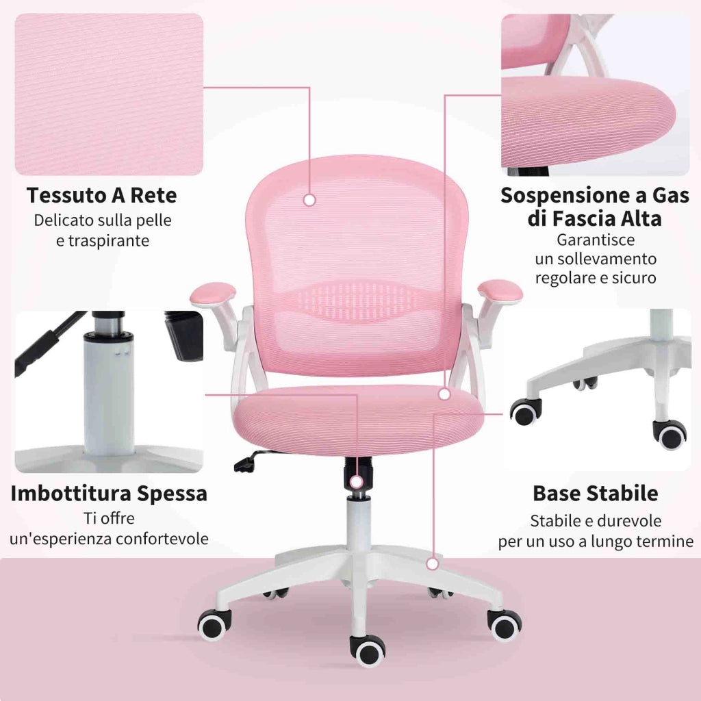 Sedia da Ufficio Ergonomica ¨C Xylo ¨C Schienale a Rete, Seduta Imbottita, Rosa, 65.5x61.5x88-97.5 cm