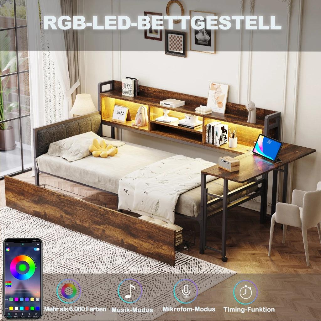 Sofabett con illuminazione LED e vano contenitore in metallo 90x200 cm