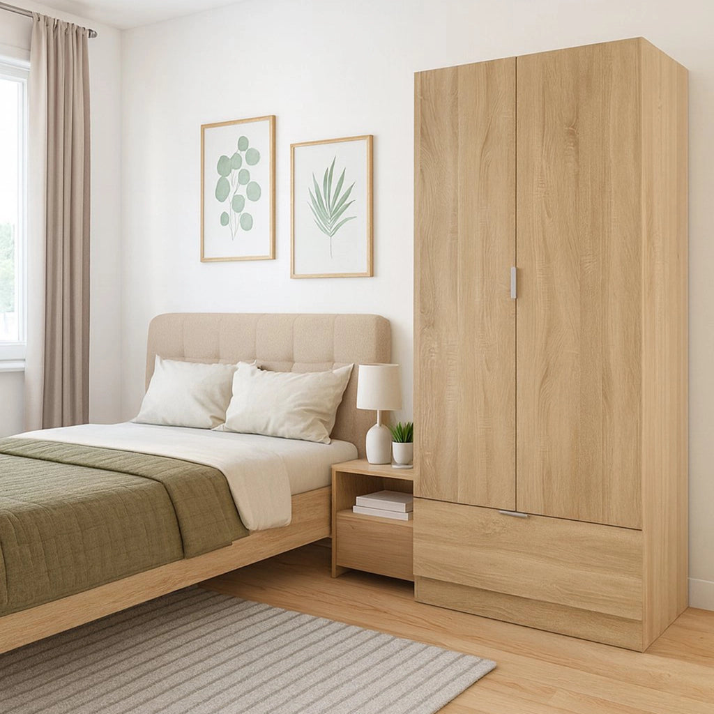 Armadio Camera da Letto Budoia, Guardaroba 2 Ante Appendiabiti, 51x170h cm Marrone Rovere