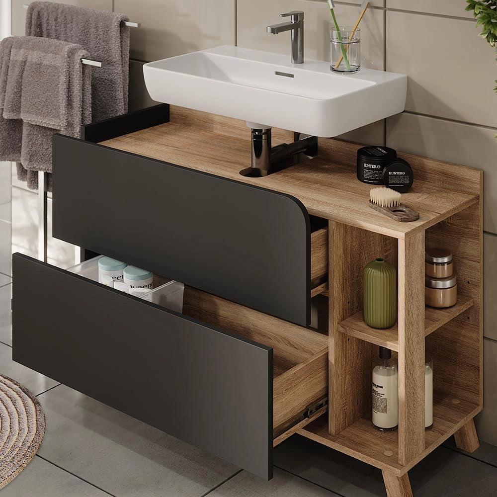 Set di mobili da bagno Karen, Sonoma/antracite, 100 cm, composto da mobile lavabo, pensile a specchio, colonna e base media
