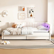 Letto matrimoniale 140×200 cm con LED; USB e Type C; cassetti e ripiani; senza materasso; lino e MDF; beige