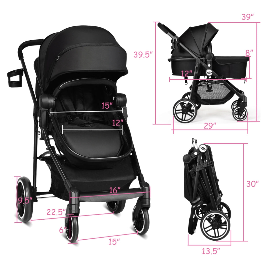 Passeggino per bambini con sedile reversibile e cappuccio regolabile, Passeggino 2 in 1 piegatura con una mano Nero-Passeggini per bimbi