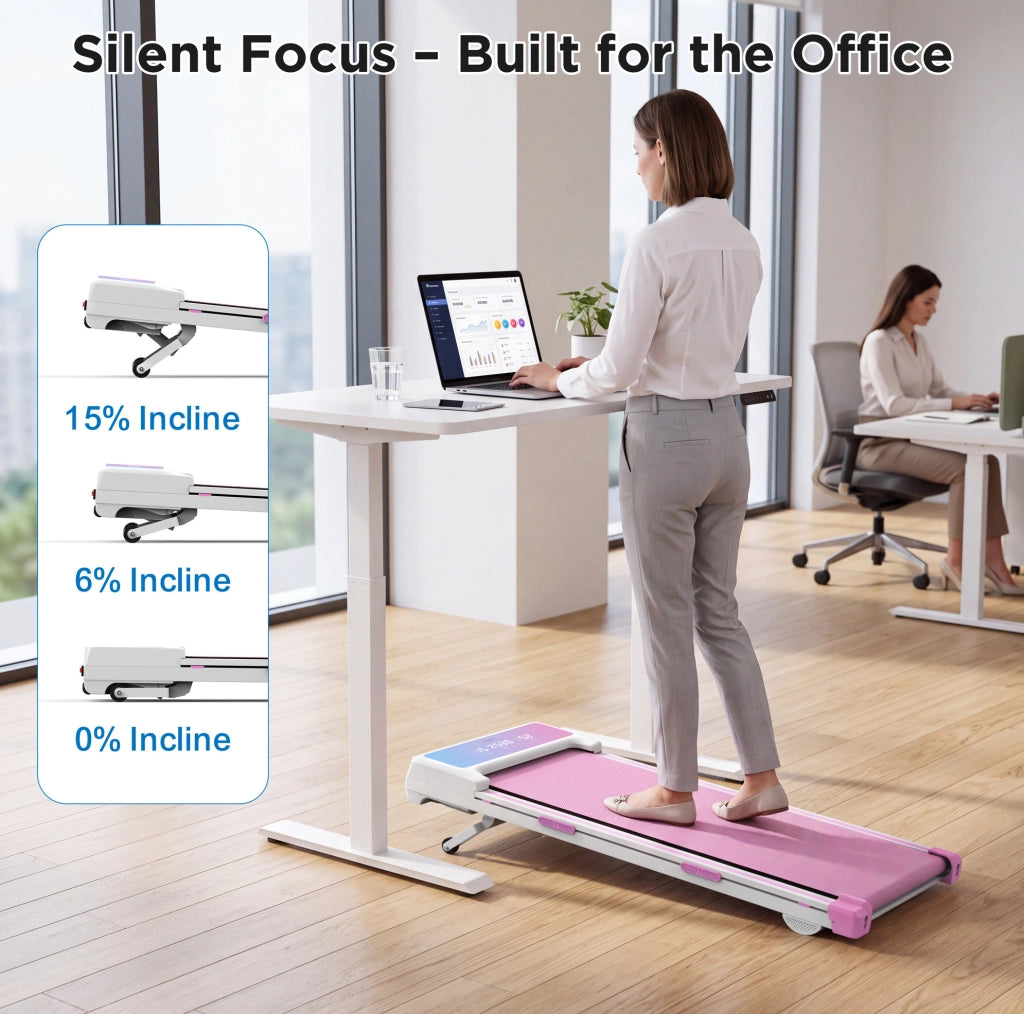 Tapis roulant ULEVR 1-8 km/h con inclinazione automatica 15%, Bluetooth, telecomando e display LED, rosa e bianco