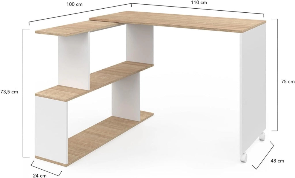 JOY Scrivania angolare girevole a 180° Scaffale a S in legno effetto faggio e bianco