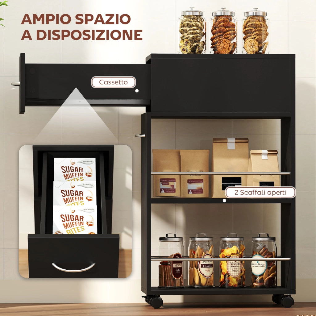 Carrello da Cucina 25x50x85 cm 2 Ripiani Aperti Cassetto e Parapetti in Legno e Acciaio Inox Nero