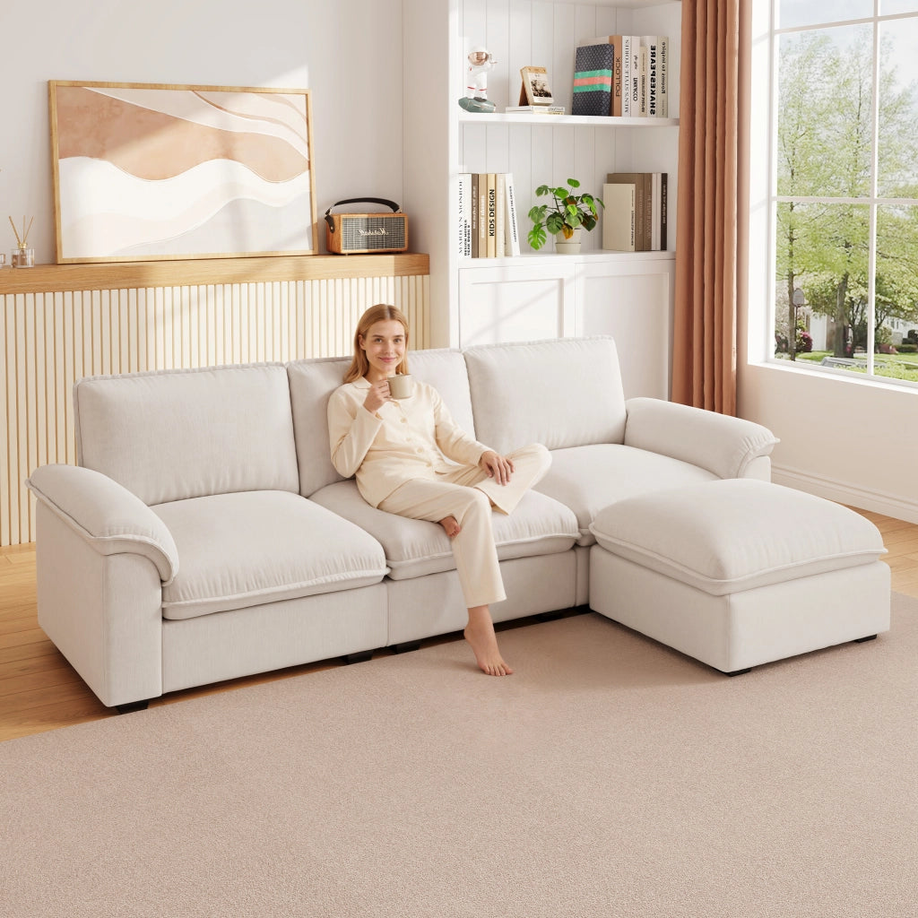 Divano angolare modulare 4 posti con ottomana configurabile cuscini di supporto design ergonomico in chenille beige