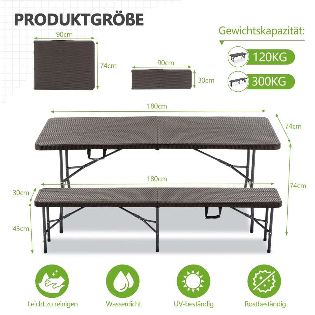 TAVOLO PICNIC PIEGHEVOLE 3 PEZZI, con 2 panche, marrone, HDPE