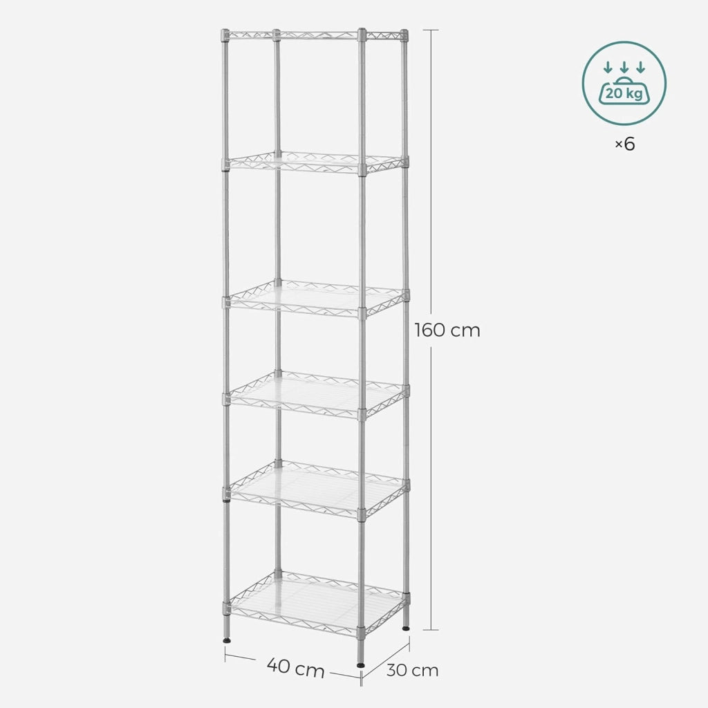 SONGMICS Scaffale Portaoggetti di Metallo a 6 Livelli Regolabili in Rete, con Pannelli PP, 8 Ganci a S, per Garage, Cucina, Soggiorno, Salvaspazio, Max Carico 120 kg, Argento LGR116E01