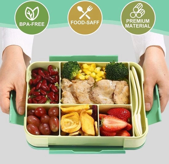 Trommel per bambini con contenitore, 1300 ml, BPA-free, Bento Box, contenitore per pranzo per bambini, sicuro, con 5 contenitori, contenitore per snack, contenitore per pane per adulti, ragazze e ragazzi, resistente al forno/ lavastoviglie, verde