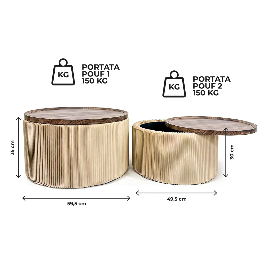 Set 2 Pouf Contenitore Rotondi in Velluto con Coperchio in Legno, Tavolino da Salotto Moderno, Pouf Contenitore Multiuso, Pouf Poggiapiedi, Tavolino Contenitore Salvaspazio Crema