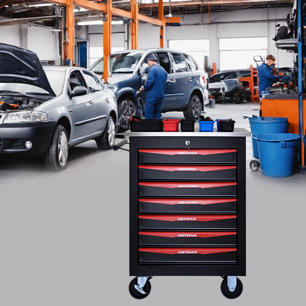Mobile contenitore con 7 cassetti e ruote con serratura per garage e officina; in acciaio nero e rosso