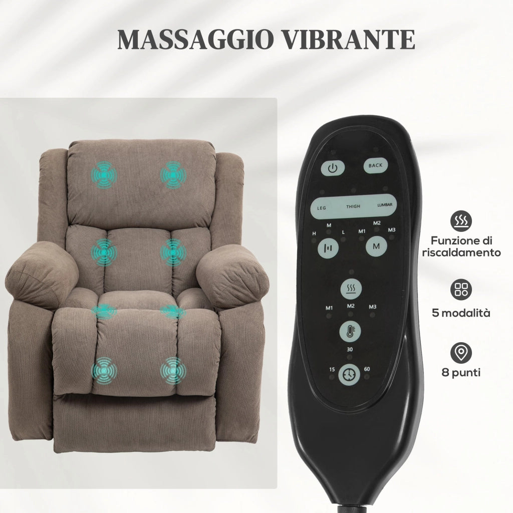 Poltrona Alzapersona Massaggiante e Reclinabile 93x104x105 cm Marrone Chiaro