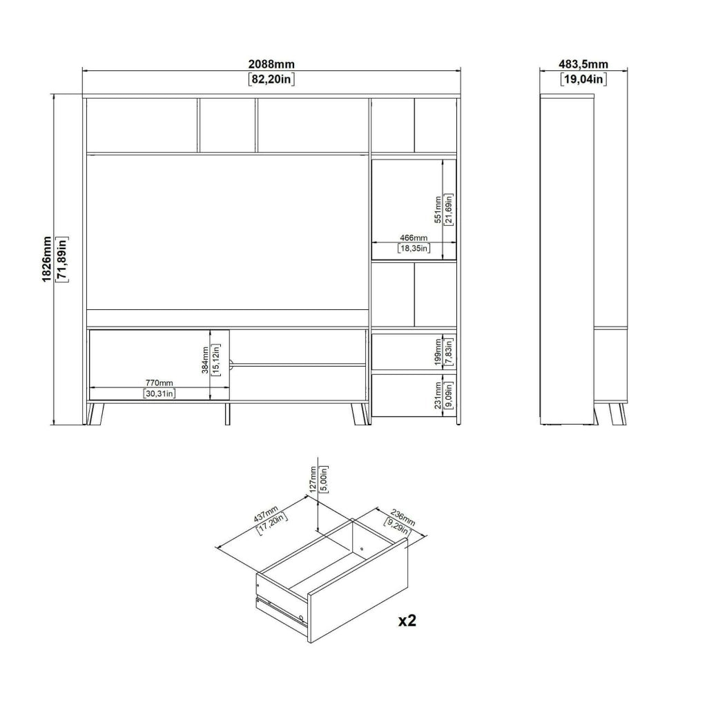 Mobile porta TV Calabria, Credenza da soggiorno, Armadio basso per TV, Base parete attrezzata, 209x48 h183 cm, Rovere e Bianco lucido