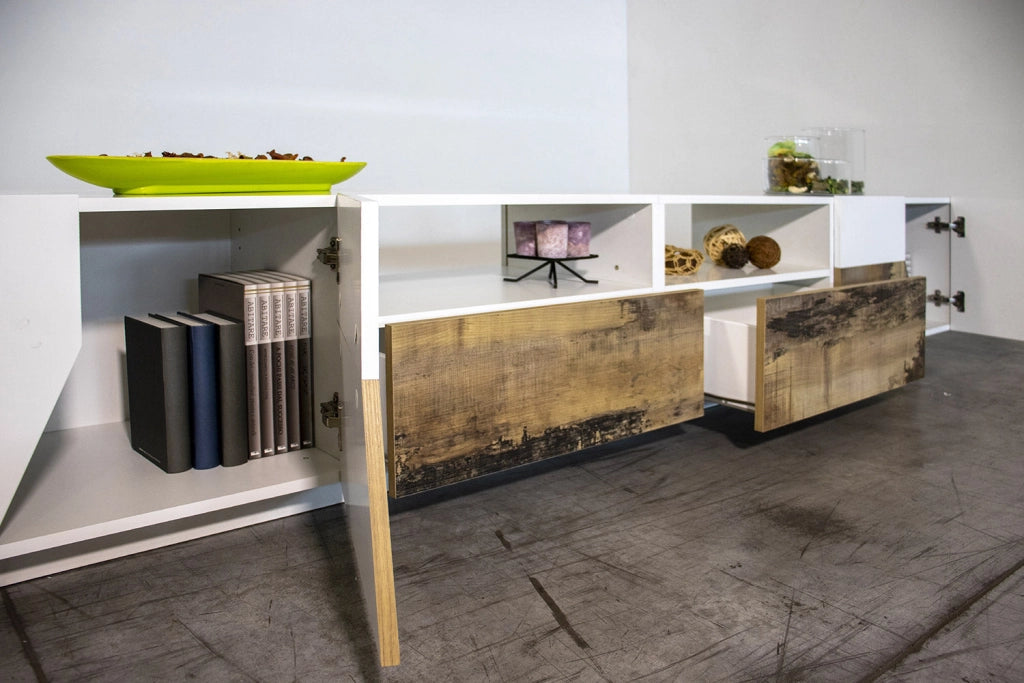 Mobile TV 4 Ante 2 Cassetti 260x43x46 cm Alien Bianco Lucido e Acero Pereira