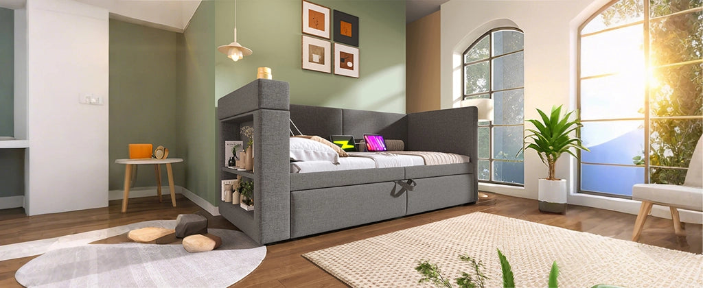 DESMIU Divano Letto 90 × 200 cm 1 posto con letto estraibile, 3 USB, Type-C e portabicchieri, senza materasso, grigio
