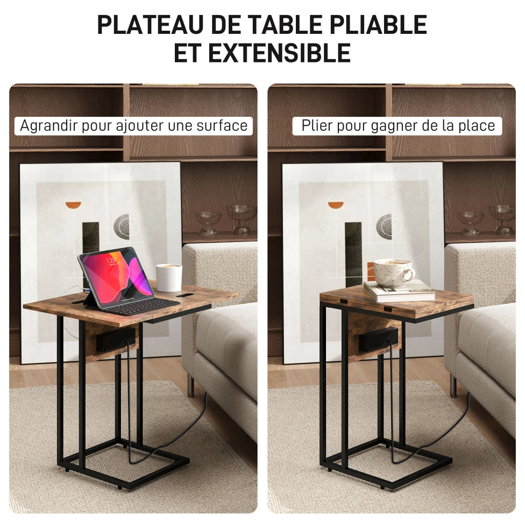 Tavolino da salotto con piano pieghevole e stazione di ricarica ¨C Minimal ¨C 39x29x57 cm, marrone e nero