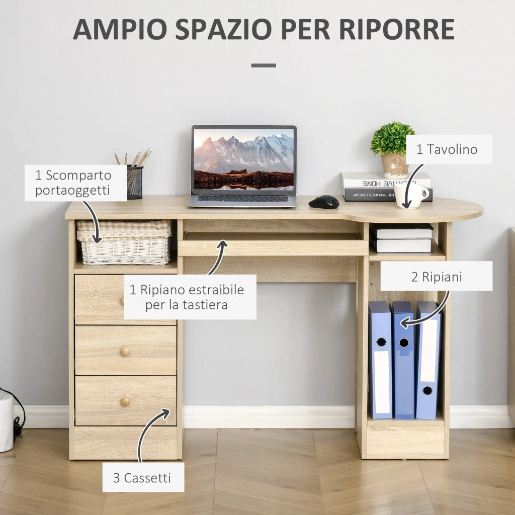 EasyComfort Scrivania da PC per Ufficio con Scaffali, Cassetti e Ripiano Testiera in Legno, 125x60x74cm