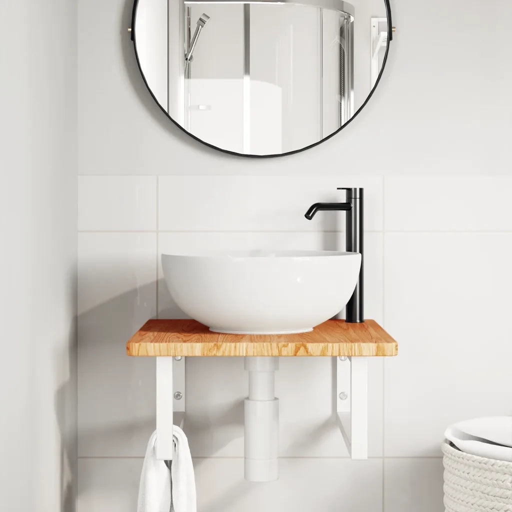 Ripiano a Parete per Lavabo in Acciaio e Massello di Rovere 3302392