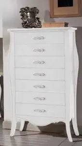 cassettiera settimino sagomata in legno bianco Shabby chic con maniglie infinito argento cromato