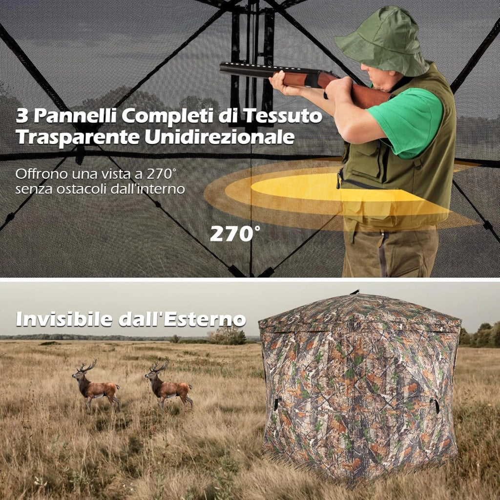 Tenda da Caccia per 2-3 Persone, Tenda Mimetica a 270° per Caccia, Tenda Pop-Up Camouflage con Porta Magnetica Silenziosa, 4 Finestre e Borsa da Trasporto, 146 x 146 x 170 cm
