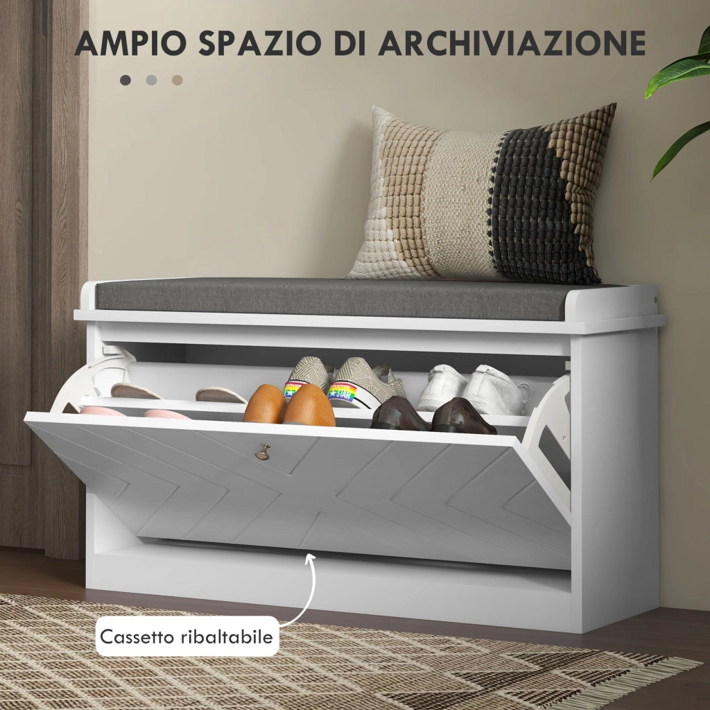 Panca Scarpiera Salvaspazio 8 Paia di Scarpe 80x26x44,5 cm con Cuscino e Cassetto Ribaltabile Bianco