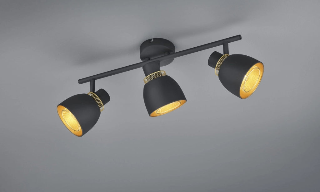 PUNCH BARRA 3 SPOTS METALLO NERO E ORO L. 46CM ATTACCO E14