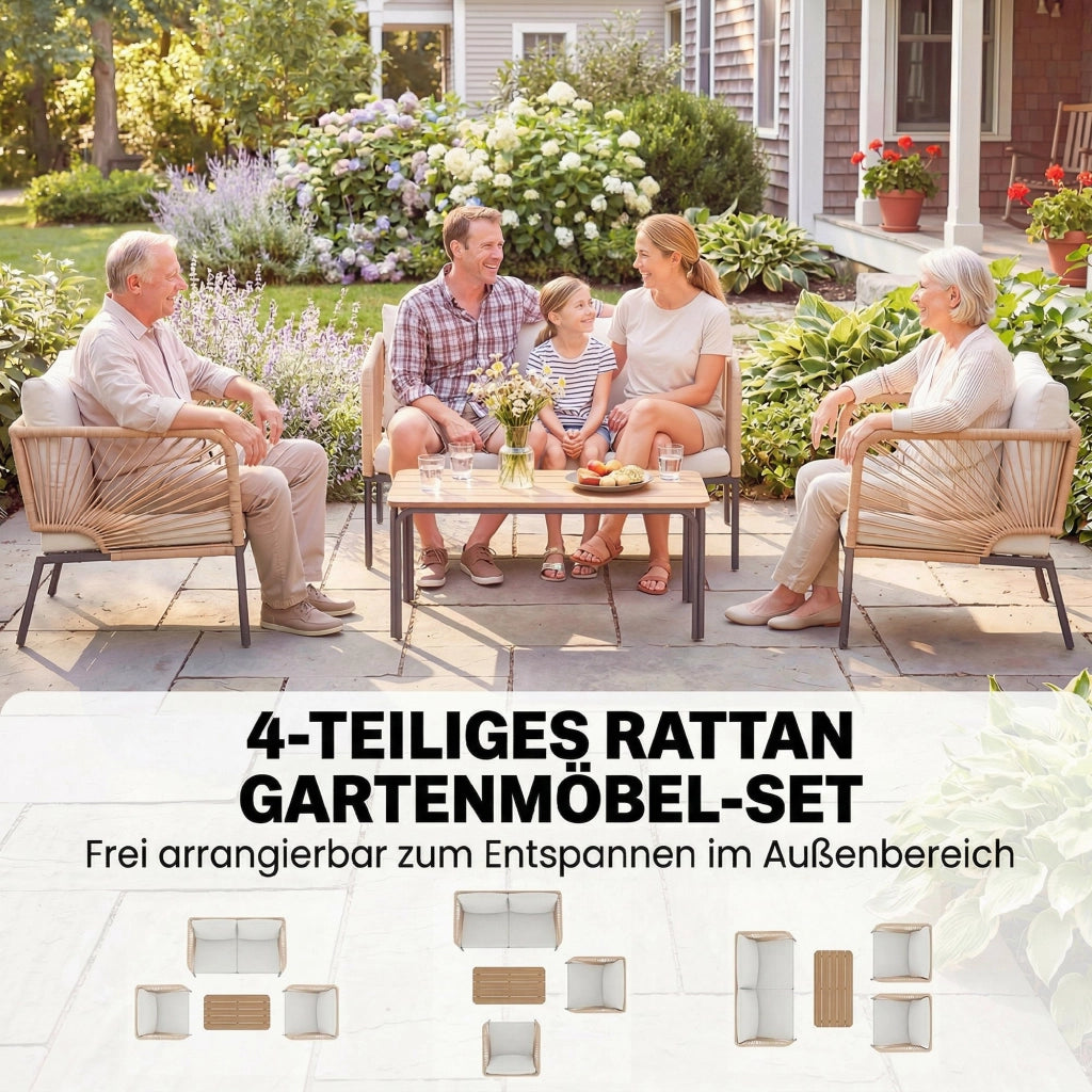 Set Giardino 4 Posti con Divano 2 Posti, 2 Poltrone e Tavolo ¨C Zephmum ¨C Grigio Polyrattan Textilene 135x85x75