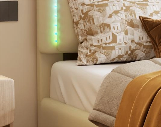 Letto Singolo 90x200 cm con LED Multicolore e Testiera Ondulata - in PU - Beige