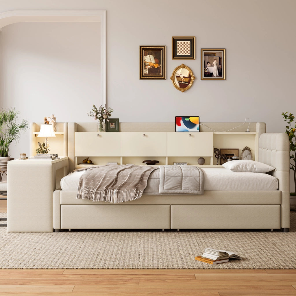 DESMIU Letto banquette 90 × 200 cm 1 posto con 2 cassetti, scrivania, USB e Type-C, senza materasso, beige