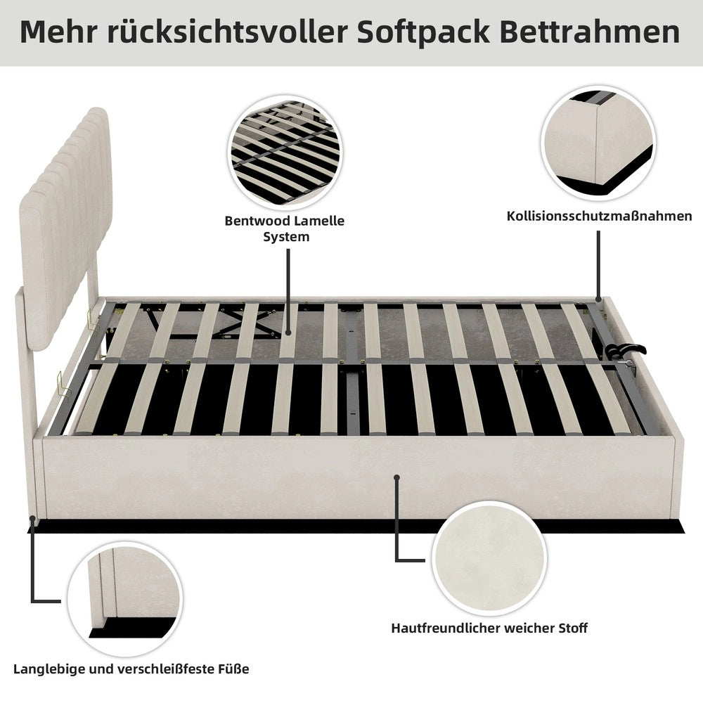 Letto Contenitore Imbottito ¨C MINIMAL ¨C Velluto Beige 160x200 con Rete e Testiera