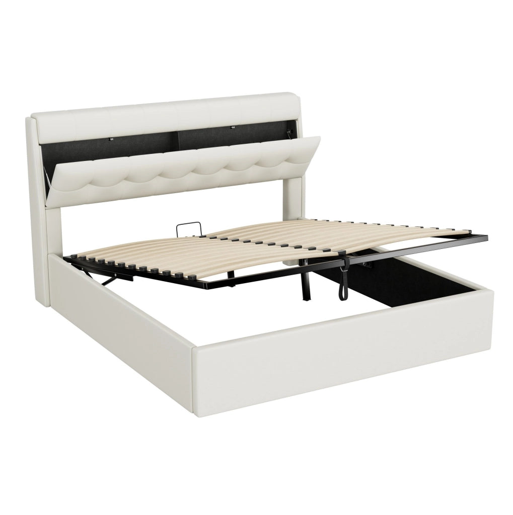 Letto imbottito 160x200 cm in PU bianco con contenitore; testiera con vano nascosto e rete a doghe
