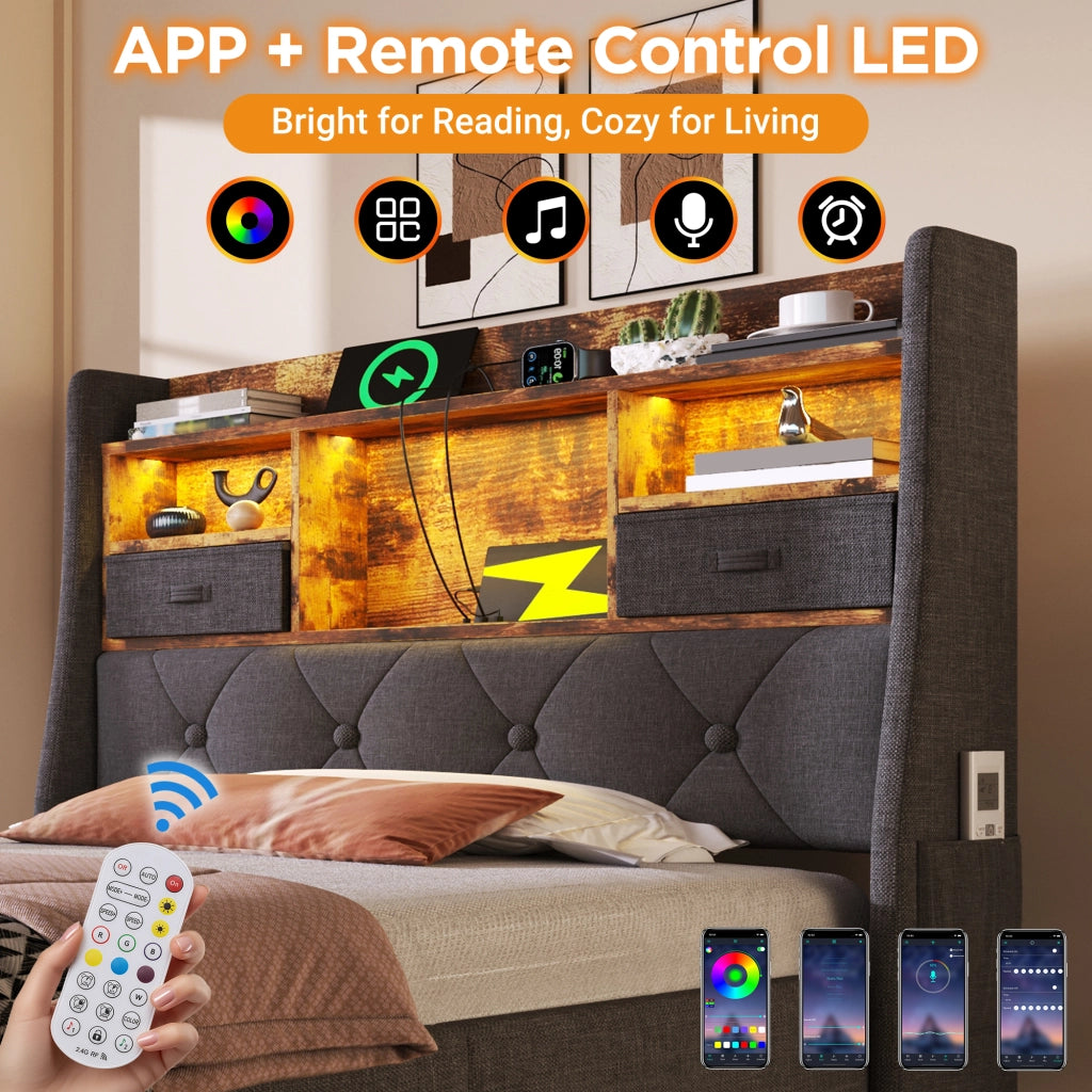 Letto contenitore singolo 90×200 cm con LED; USB; Type-C e materasso incluso; lino; grigio