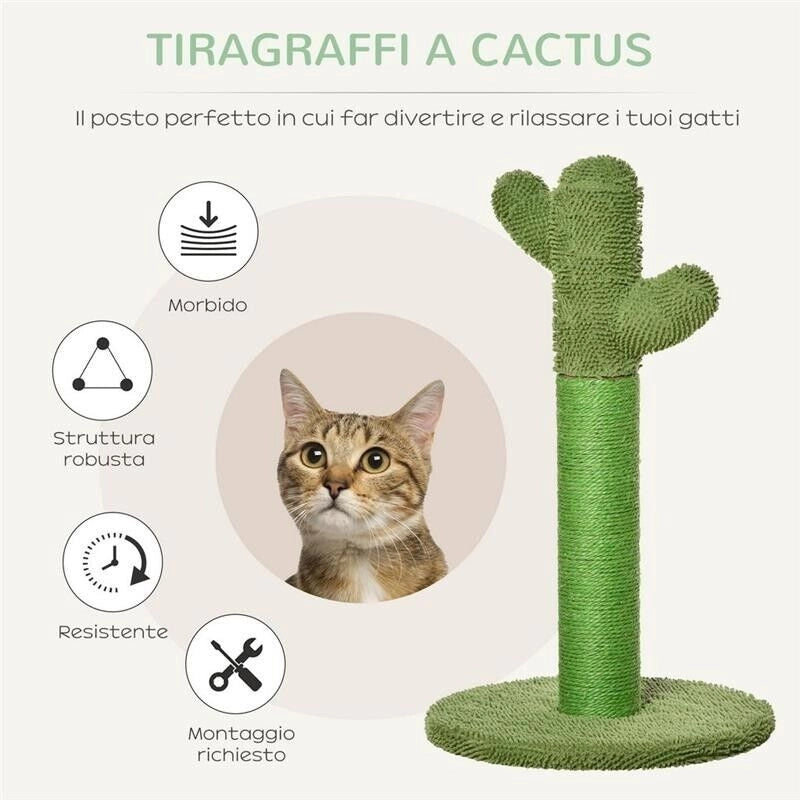 ALBERO TIRAGRAFFI PER GATTI A FORMA DI CACTUS CON CORDE IN SISAL, 40X40X65CM, VERDE