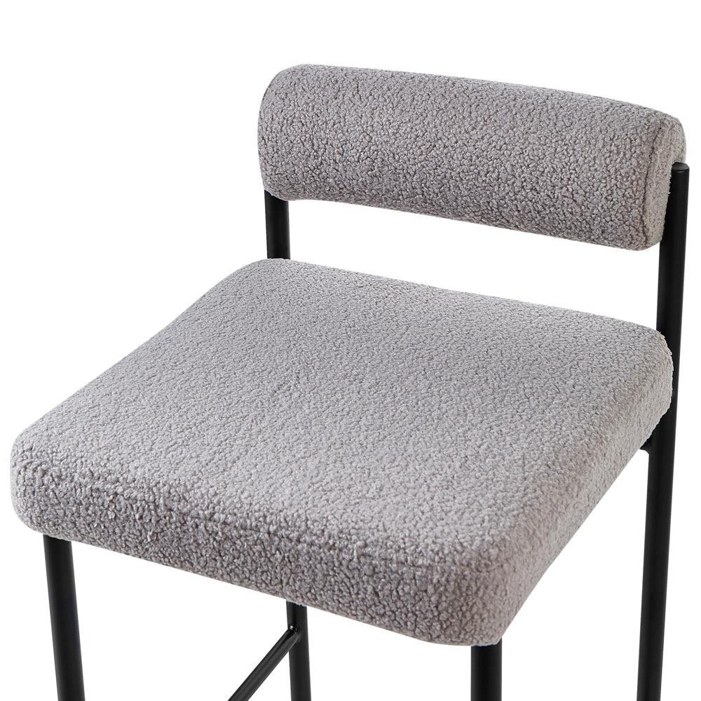 Set di 2 sedie da bar Rivestimento in poliestere grigio Boucle Gambe in metallo nero Sgabelli senza braccioli Schienale arrotolabile Sala da pranzo moderna Cucina