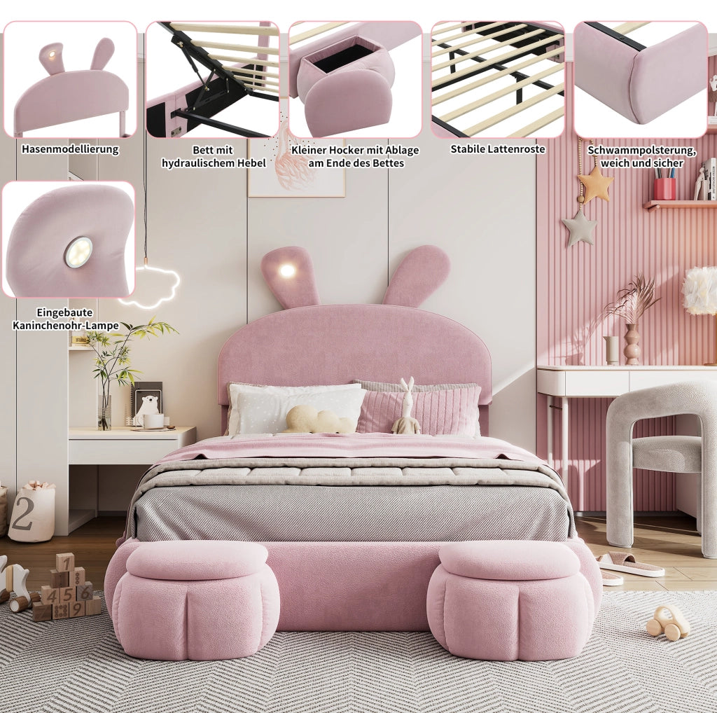 Letto imbottito rosa 140x200 cm con LED e contenitore