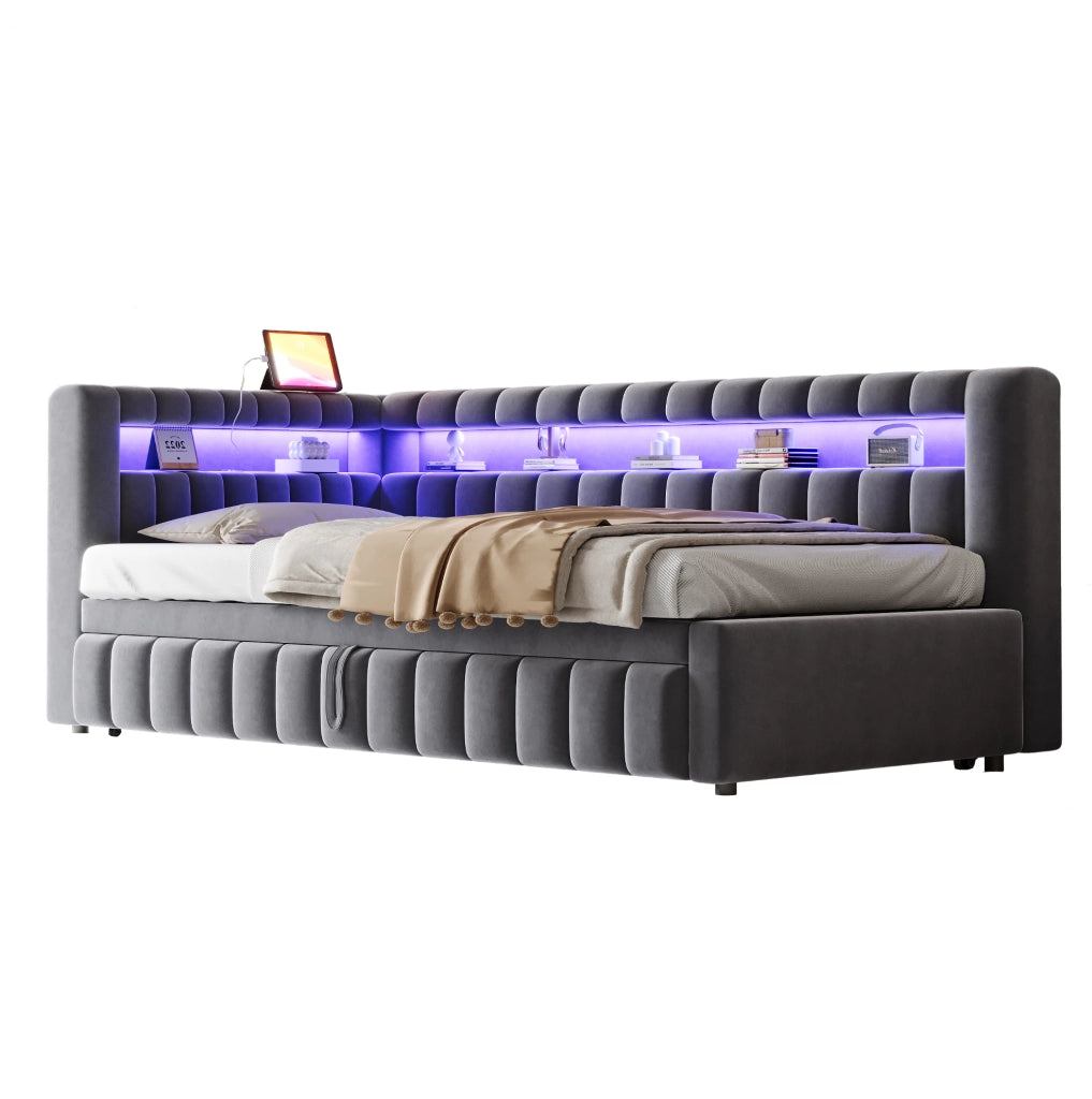 Divano letto estraibile 90x200 cm con LED, USB e vano portaoggetti