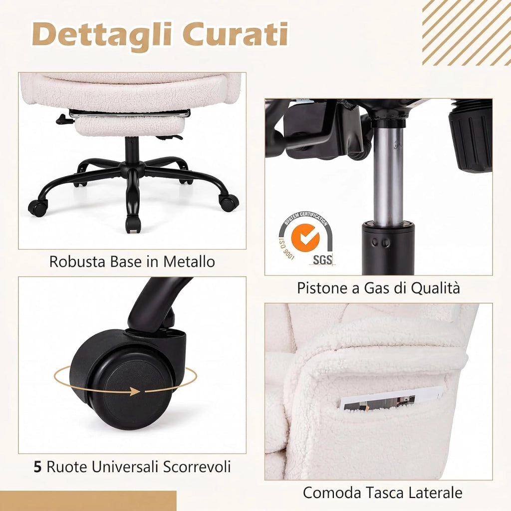 Sedia da Ufficio Ergonomica, Portata 150 kg (Bianco) | Sedia Scrivania con Rotelle Girevole, Braccioli Regolabili su 5 Livelli e Poggiapiedi Retrattile, per Casa e Ufficio