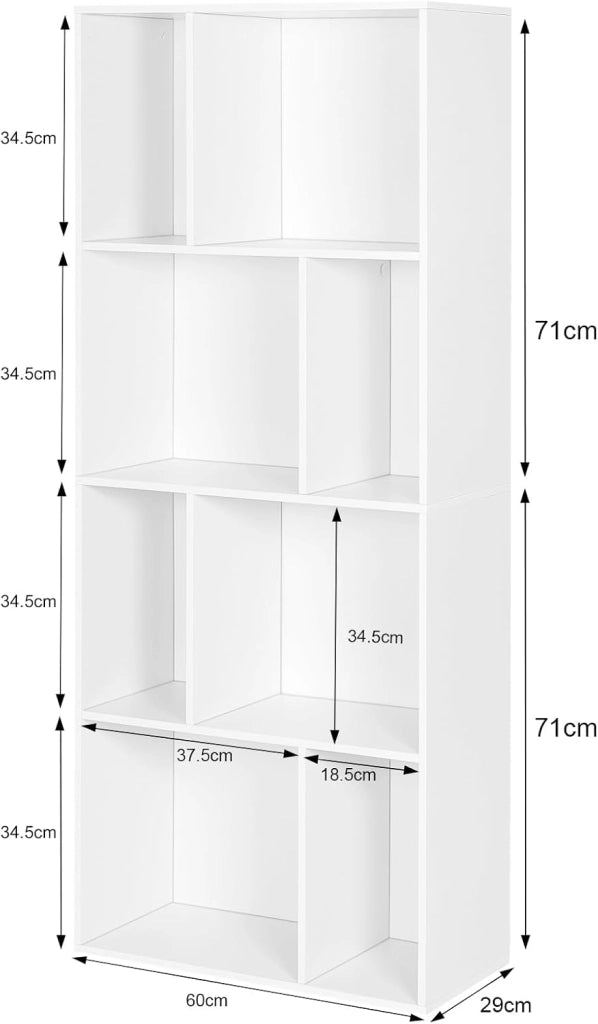 Libreria Scaffale a 4 Ripiani, Libreria a Cubi, Portaoggetti Autoportante, Scaffale Espositivo con 8 Scomparti Aperti, per Salotto Camera da Letto, in Legno Bianco, 60x29x143,5 cm, SK032ws