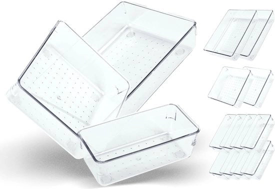 12 x organizzatore di carico in plastica trasparente in 3 misure con pedane in gomma per prevenire lo scivolamento