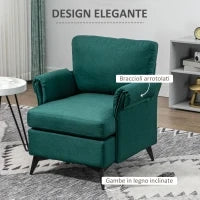 Poltrona d'arredo in Tessuto Effetto Lino Traspirante con Braccioli Arrotolati, 70x73x83 cm, Verde