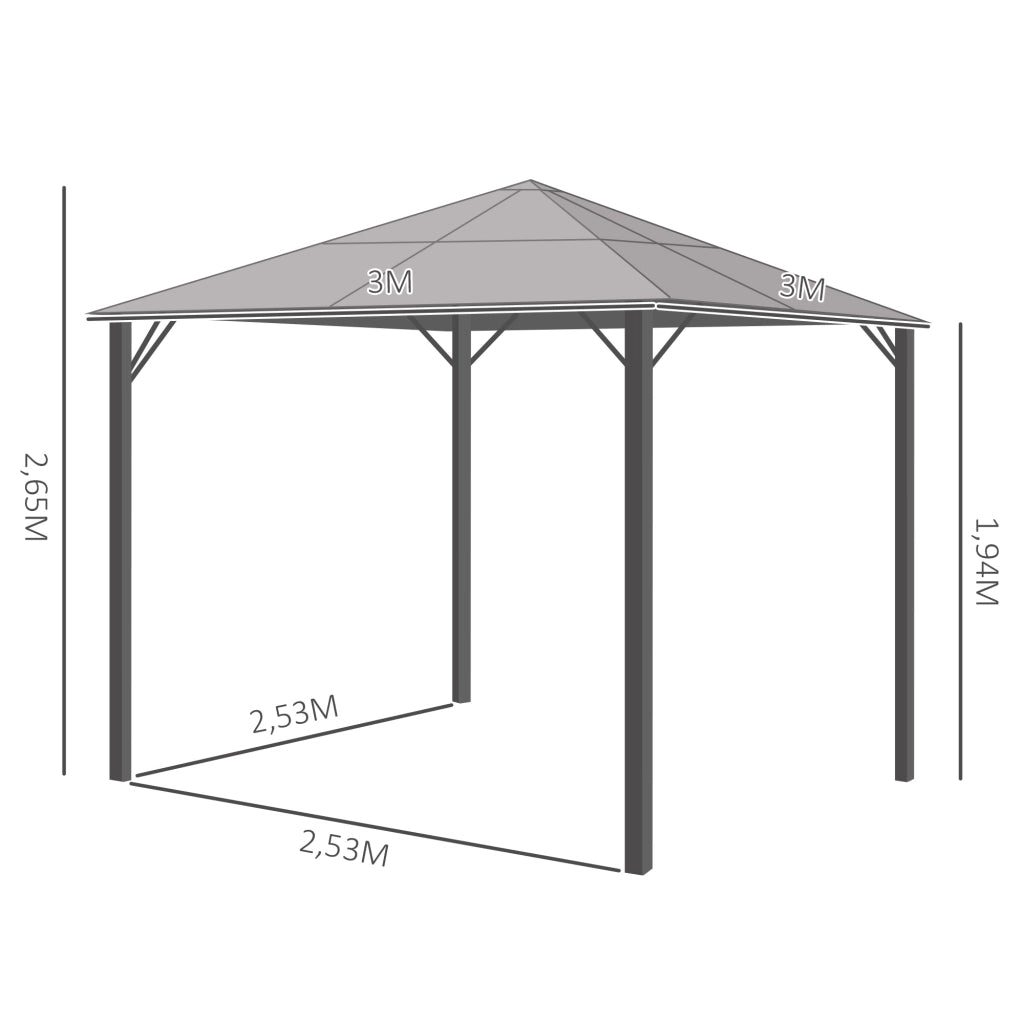 Gazebo da Giardino 3x3m ¨C Xylo ¨C Tetto Policarbonato, Tende Zanzariera, Alluminio Grigio Scuro