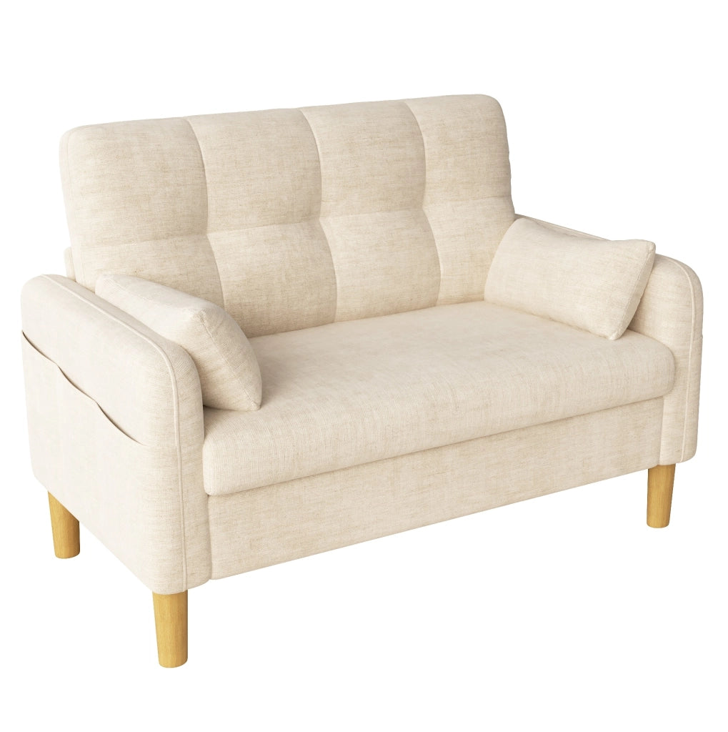 Divano 2 posti ULEVR 119x78x85 cm in ciniglia beige con 2 cuscini e tasca laterale