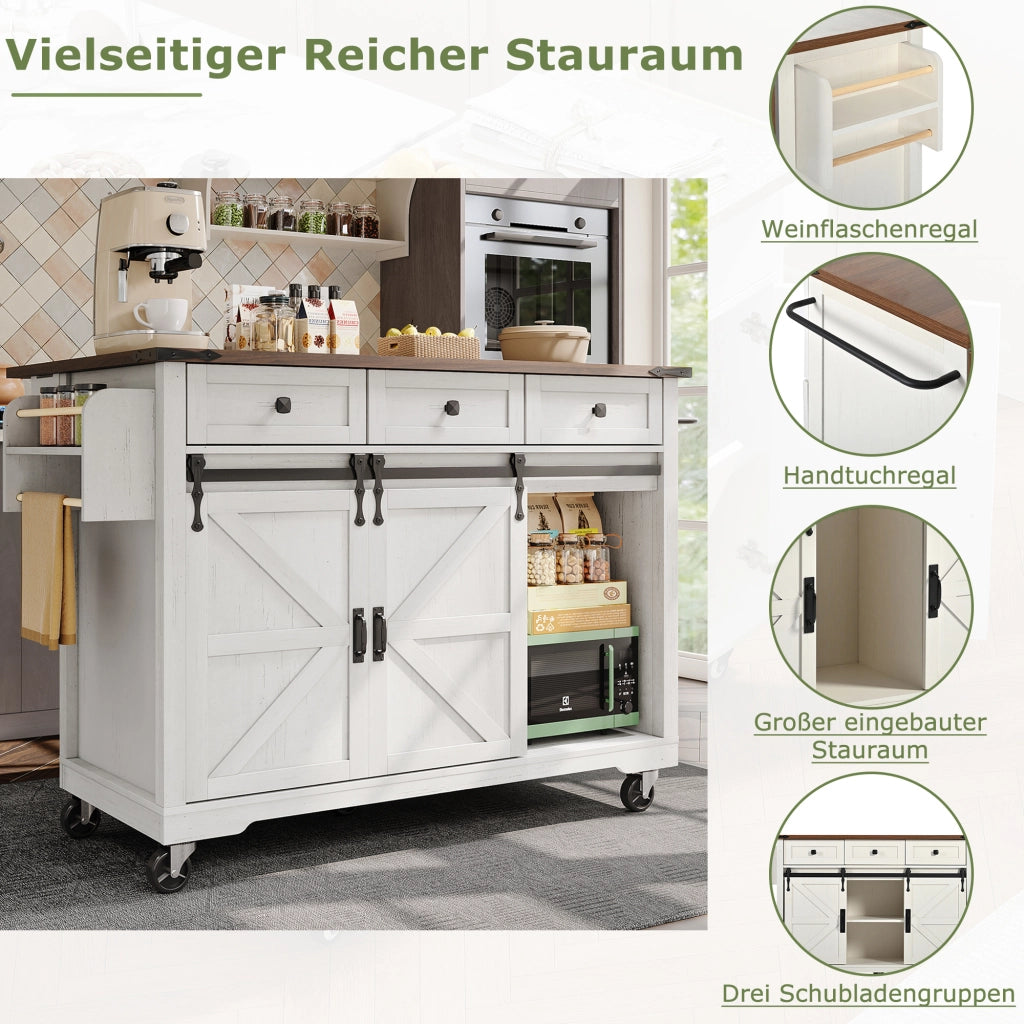 Carrello da cucina con 3 Cassetti; 2 Ante Scorrevoli; Piano Pieghevole e Ruote; in MDF; 140x45x94 cm; Beige
