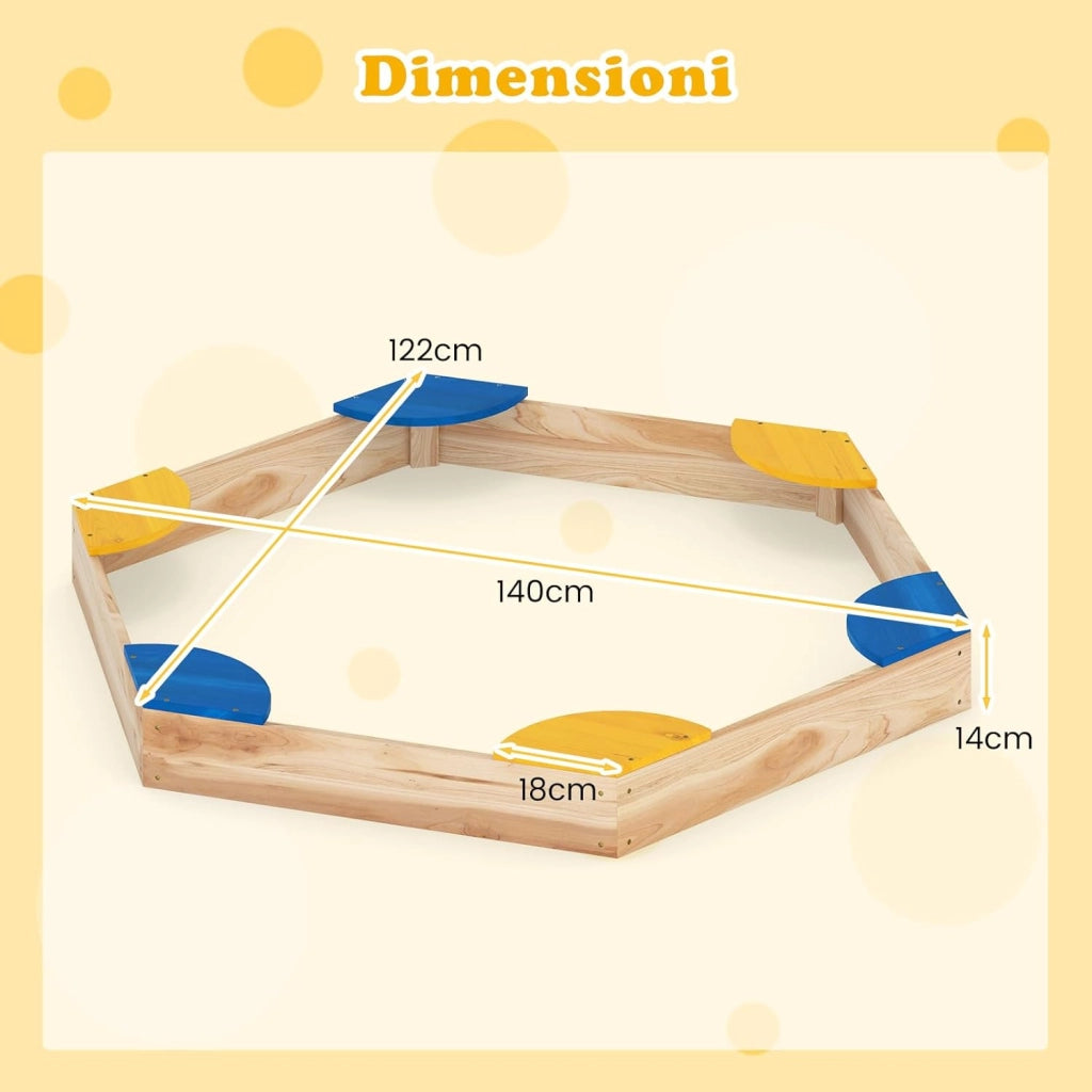 Sabbiera in Legno per Bambini, Combo Piscina di Sabbia e Fioriera Aperta con 6 Sedili per Giardino, 140 x 122 x 14 cm, per Bambini 3 Anni+