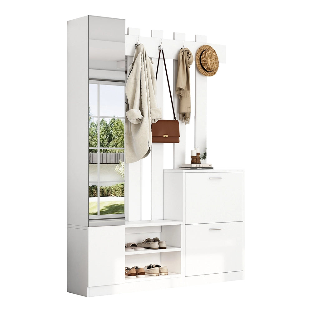Vestiaire con specchio - Xylo - 135x25x180cm - Bianco - Compatto con 2 armadietti scarpe e 2 armadi