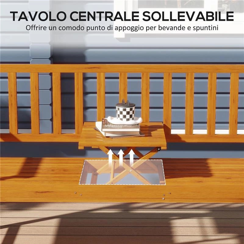 PANCHINA DA GIARDINO CON TAVOLINO CENTRALE SOLLEVABILE E BRACCIOLI, IN LEGNO, 153X56X91 CM, MARRONE CHIARO